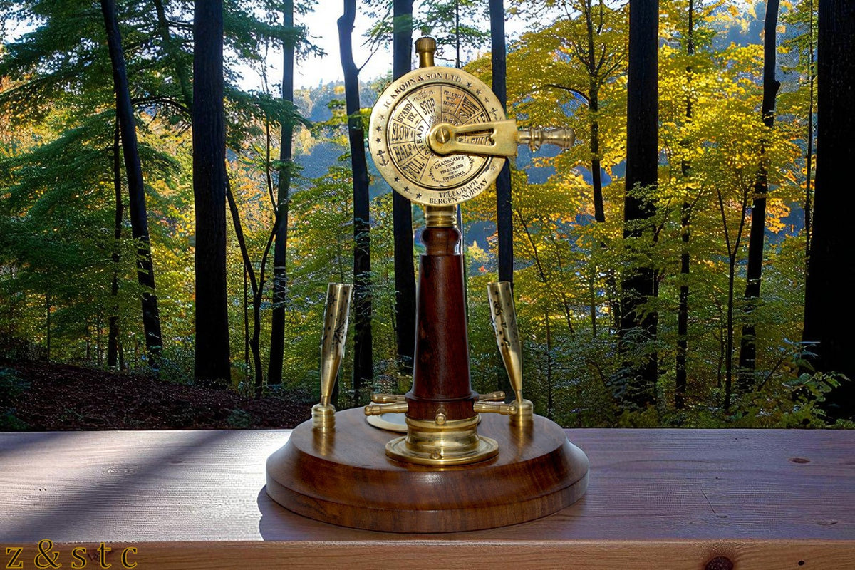 Wooden Brass Pen Holder with Built in Watch, Compass & Telegraph Decorative item