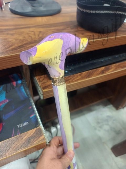 Hydro Dipped Walking Stick Wooden Cane 36” Detachable 3 Piece Brass Ring Vintage