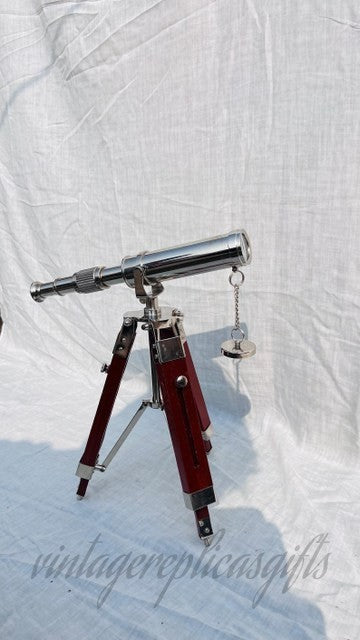 Vintage Brass Telescope on Wooden Tripod | Antique Nautical Spyglass | Maritime