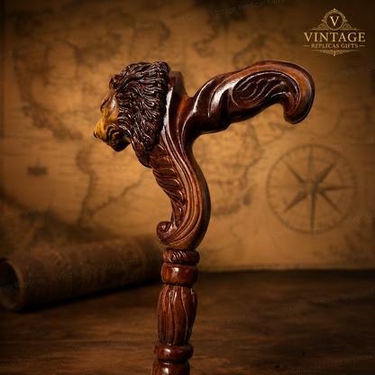 Lion Head Wooden Walking Cane | Handmade Vintage Gentleman’s Walking Stick