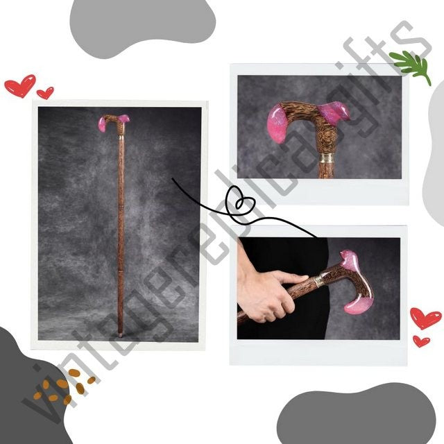 Designer Walking Cane Palm Wood – Pink Handle Stylish Mobility Stick 36 In