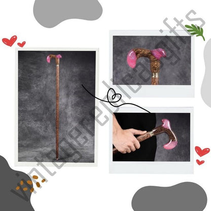 Designer Walking Cane Palm Wood – Pink Handle Stylish Mobility Stick 36 In