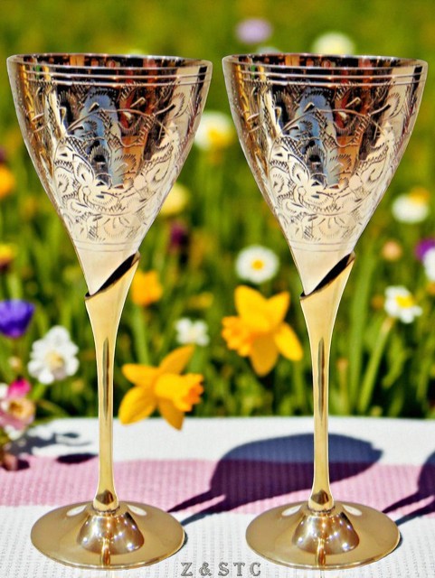 Vintage Brass Wine Goblet Set – Hand Engraved Floral Chalices |weddings decor