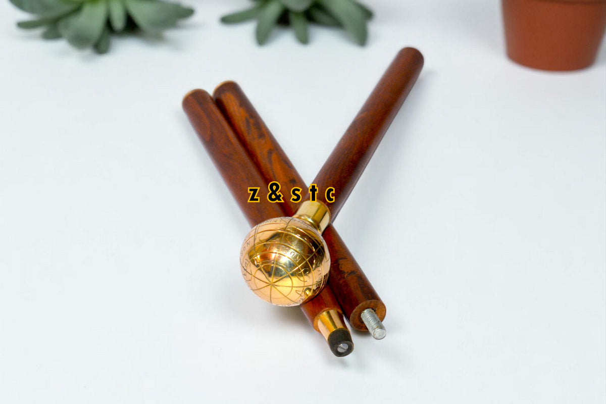 Vintage Brass Globe Head Walking Stick – Antique Style Wooden Cane