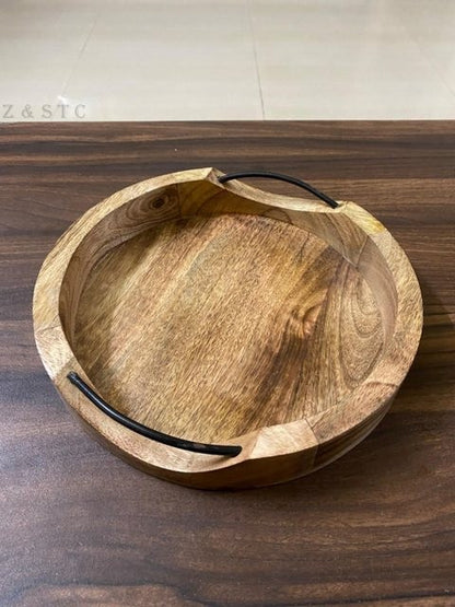 Artisan Crafted Mango Wood Tray – Rustic Square Serving Tray with Iron Handles.