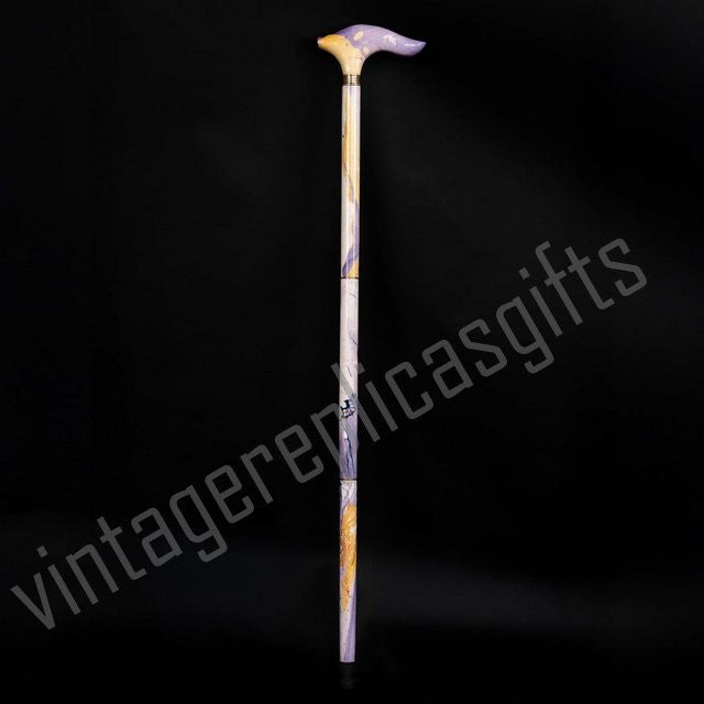 Hydro Dipped Walking Stick Wooden Cane 36” Detachable 3 Piece Brass Ring Vintage