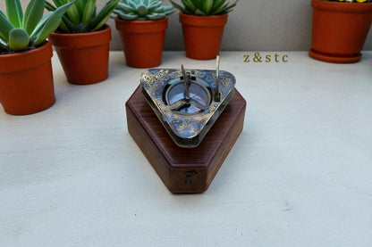 Gilbert & Sons Brass Sundial Compass – Vintage Triangular Design with Wooden Box