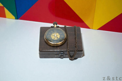 Classic Brass Pocket Watch with Black Wood Box – Retro Gifting Idea
