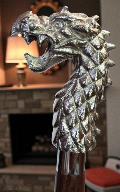 Z&STC Dragon Head Walking Stick Handcrafted Wooden Cane with Silver Handle