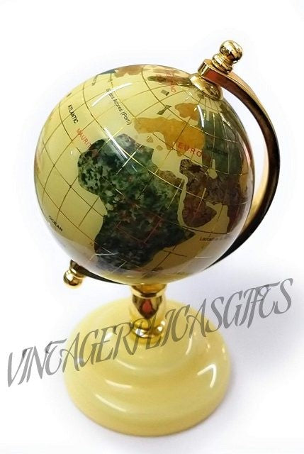 Rare Vintage Gemstone World Globe 3" Off-White Ocean with Golden Stand Handmade