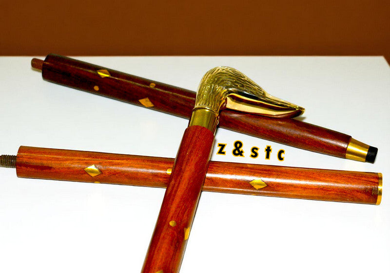 Antique Vintage Brass Duck Head Walking Cane – 3-Fold Wooden Shaft