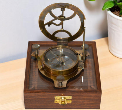 Decorative Brass Compass with Transparent Wooden Case – Explorer’s Gift