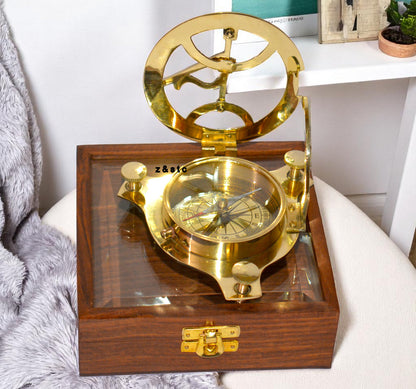 Marine Brass Compass with Wooden Display Case | Antique Nautical Gift Idea