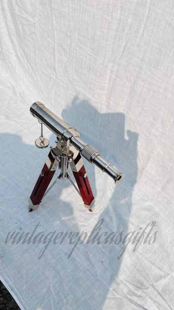 Vintage Brass Telescope on Wooden Tripod | Antique Nautical Spyglass | Maritime