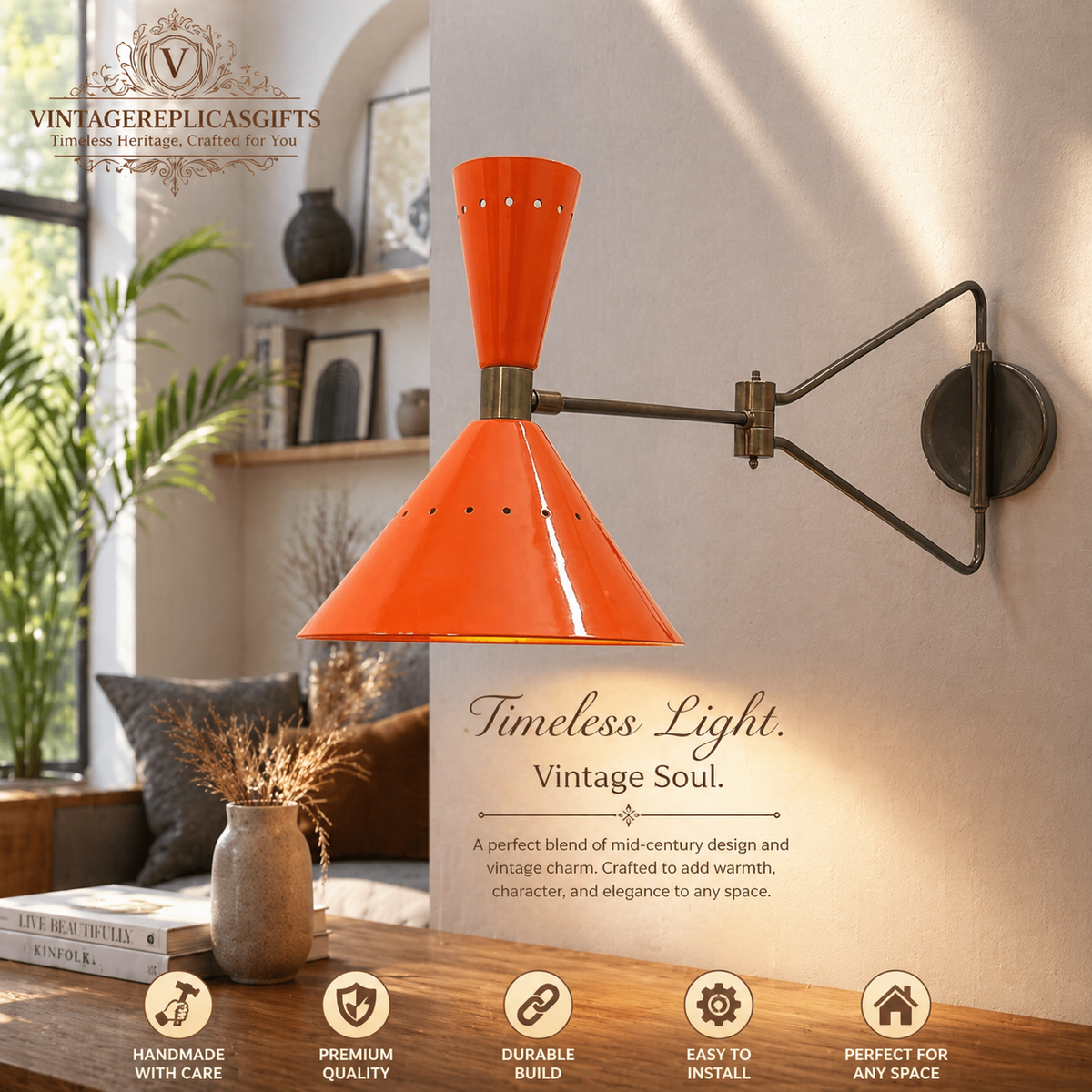 Vintage Mid Century Wall Lamp Swing Arm Sconce Orange Metal & Brass Handmade 26"