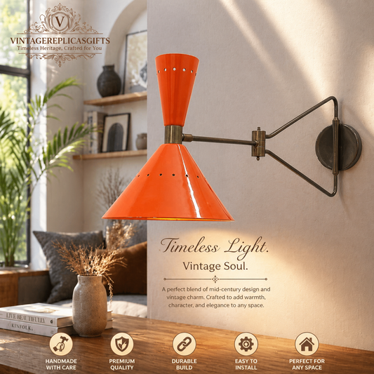 Vintage Mid Century Wall Lamp Swing Arm Sconce Orange Metal & Brass Handmade 26"