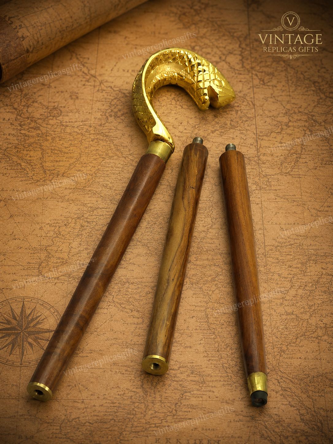Victorian Brass Snake Head Walking Stick Wooden Cane Handmade 3 Fold