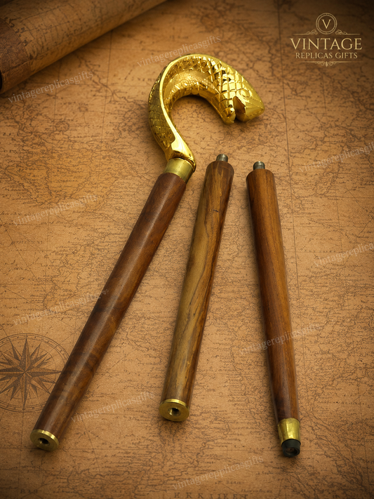 Victorian Brass Snake Head Walking Stick Wooden Cane Handmade 3 Fold