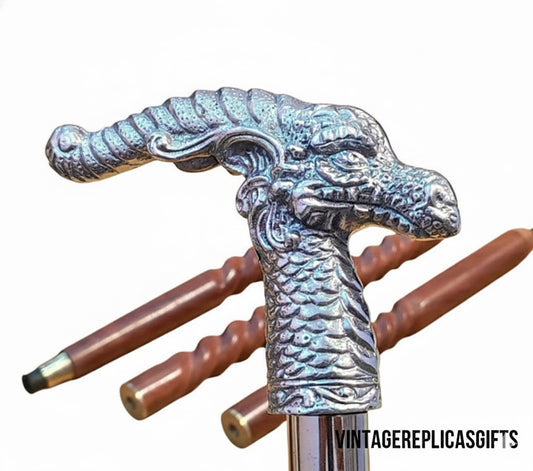 Walking Stick SILVER Dragon Head Handle Wooden Cane Stick Gifts