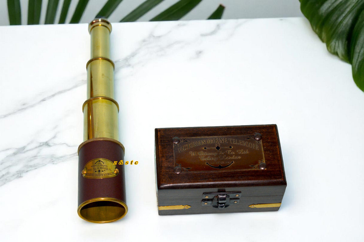 Victorian marine brass telescope with wooden box – antique nautical collectible