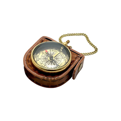 Vintage Brass Round Locket compass 2" with Leather Cover directional gift