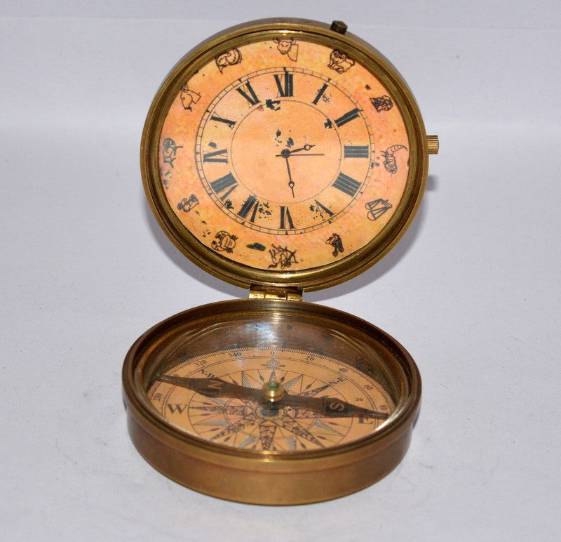 Vintage Brass Desk Clock with Magnetic Compass – Nautical Collectible Gift Item