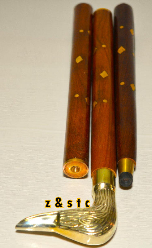 Antique Vintage Brass Duck Head Walking Cane – 3-Fold Wooden Shaft