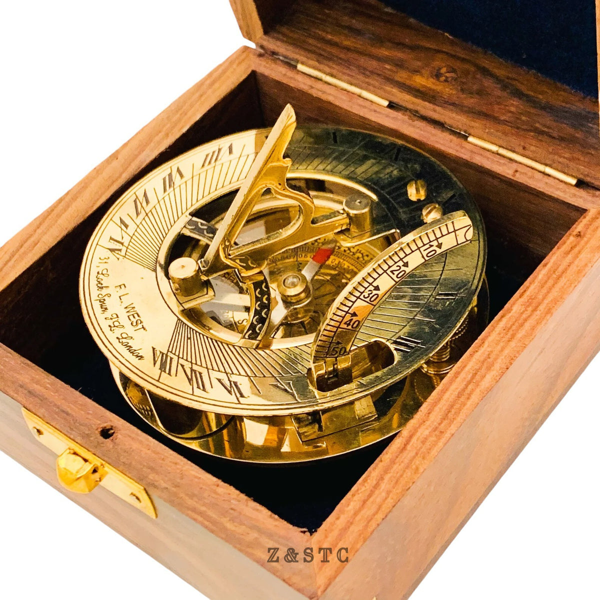 Vintage Brass Round Sundial compass 3" with Wooden box directional gift