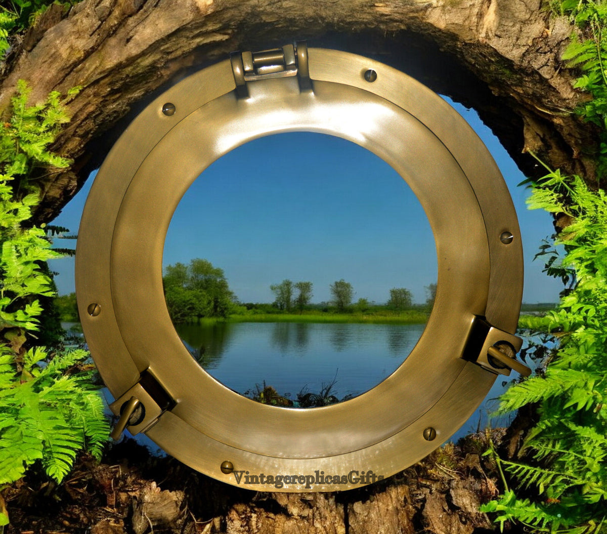 15” Brown Canal Boat Porthole Window Glass – Nautical Home Decor Door Accent