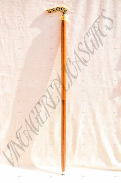 VintageReplicasGifts Brass Handle Walking Stick 3 Fold Wooden Cane Antique Desig
