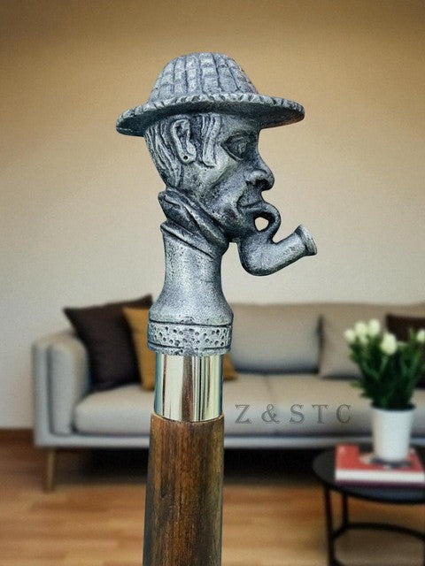 Vintage Sherlock Head Handle Wooden Walking Cane – Chrome & Brass Engraved