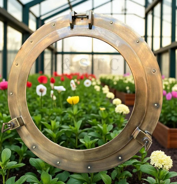 Vintage Style Brass Porthole 17" – Nautical Boat Window Wall Hanging Glass Accen