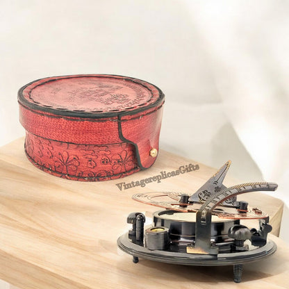 Vintage Brass Sundial Compass 4" with Leather Storage Box - Nautical Collectible