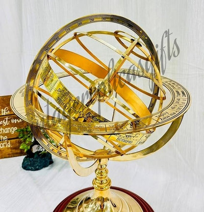Vintage Brass Armillary Sphere Globe Wooden Base Antique Golden Finish Zodiac De