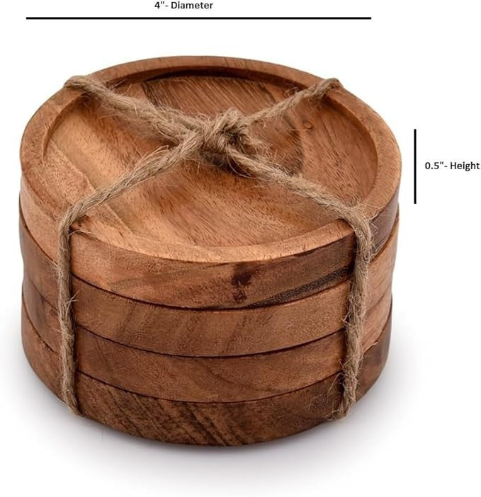 Natural Acacia Wooden Coaster Set – Rustic Drink Coasters for Coffee Tables.