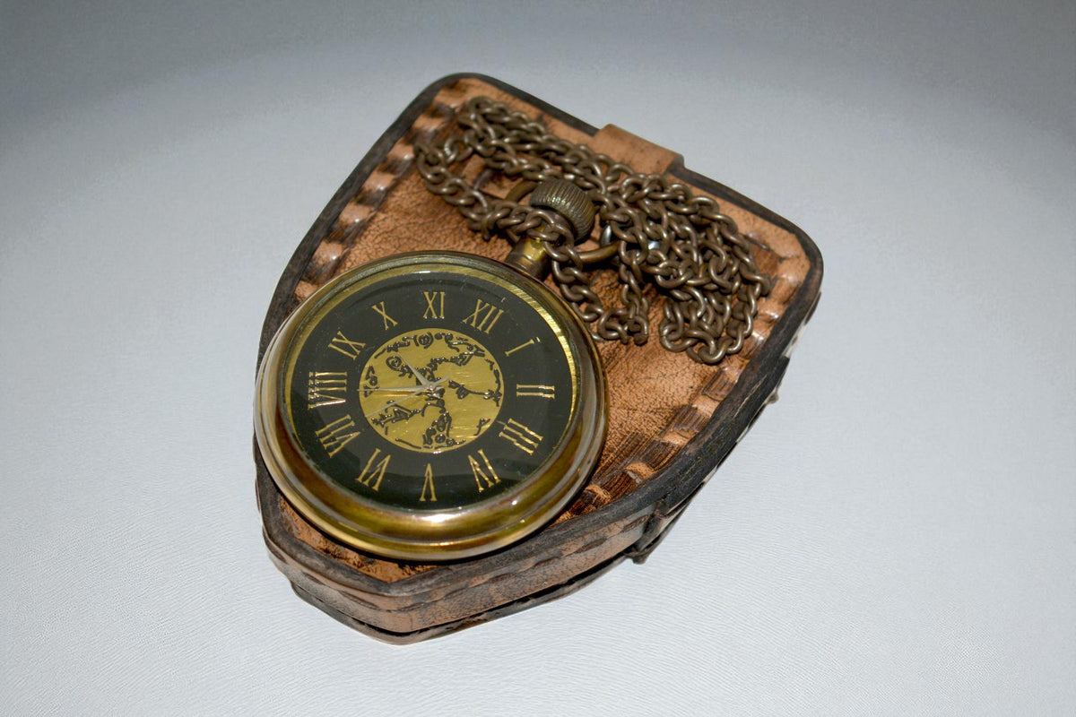 Vintage Brass Pocket Watch with Leather Case – Classic Collectible Timepiece