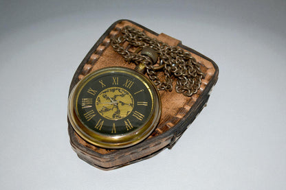 Vintage Brass Pocket Watch with Leather Case – Classic Collectible Timepiece