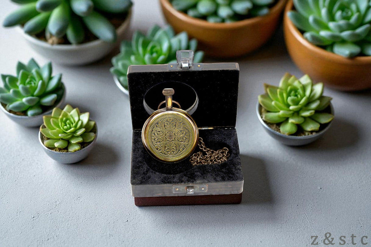 Classic Brass Pocket Watch with Black Wood Box – Retro Gifting Idea