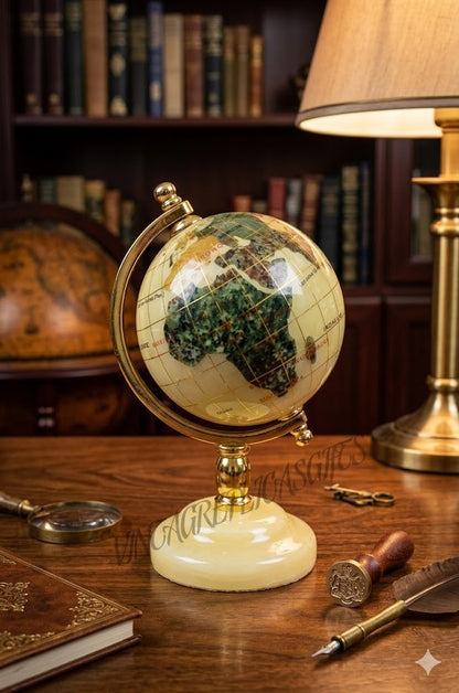 Rare Vintage Gemstone World Globe 3" Off-White Ocean with Golden Stand Handmade