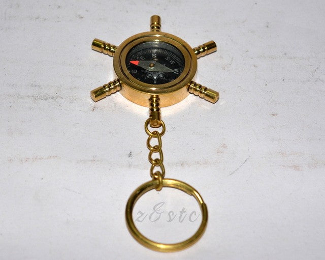 Decorative Brass Nautical Compass Key Chain – Ship Wheel Design Key Ring