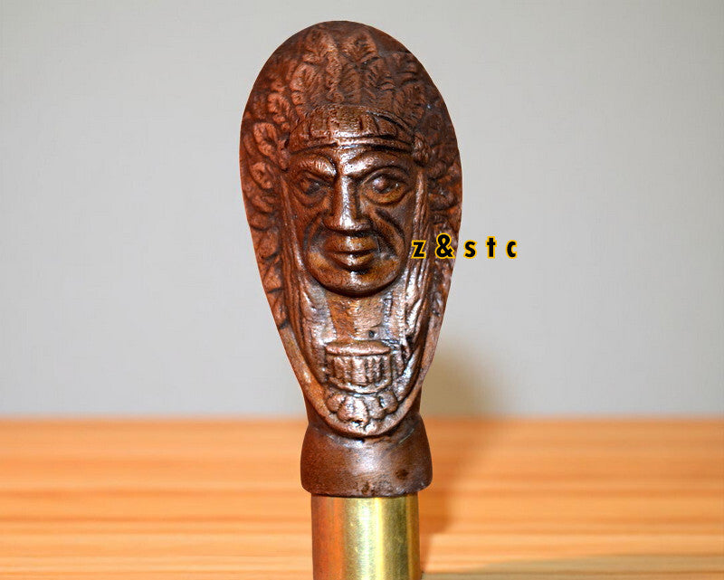 Brass mummy Head Walking Stick 3 Fold Wooden Cane with Accessories Gift