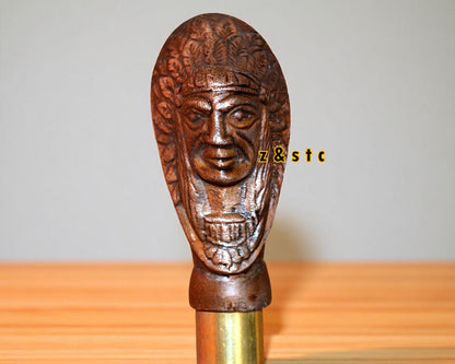 Brass mummy Head Walking Stick 3 Fold Wooden Cane with Accessories Gift