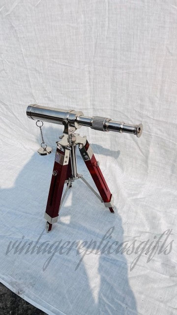 Vintage Brass Telescope on Wooden Tripod | Antique Nautical Spyglass | Maritime