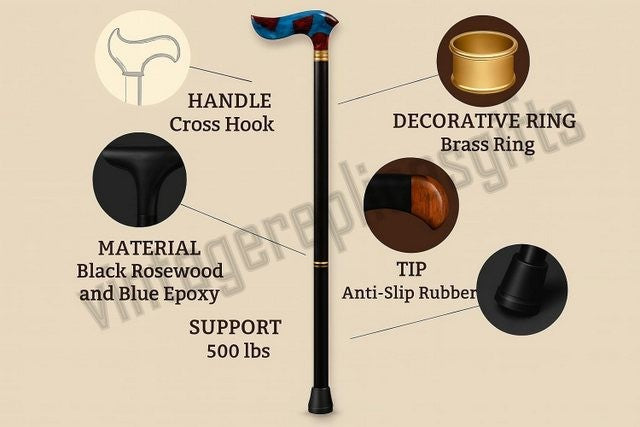 vintage Style Black Rosewood Cane Durable Walking Stick for Hiking & Daily Use