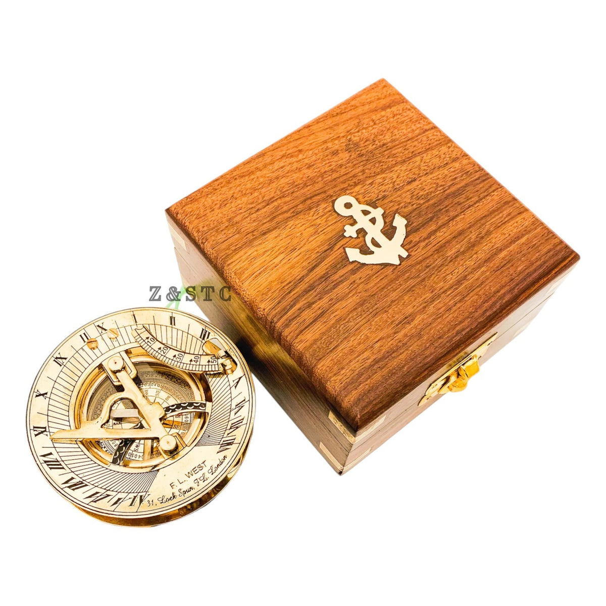 Vintage Brass Round Sundial compass 3" with Wooden box directional gift