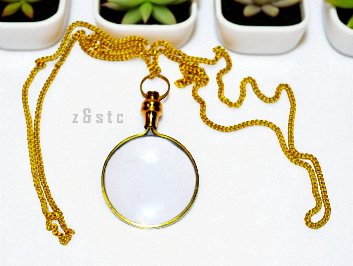 Small Magnifying Glass with Chain – Wearable Brass Loupe Pendant for Reading