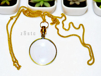 Small Magnifying Glass with Chain – Wearable Brass Loupe Pendant for Reading