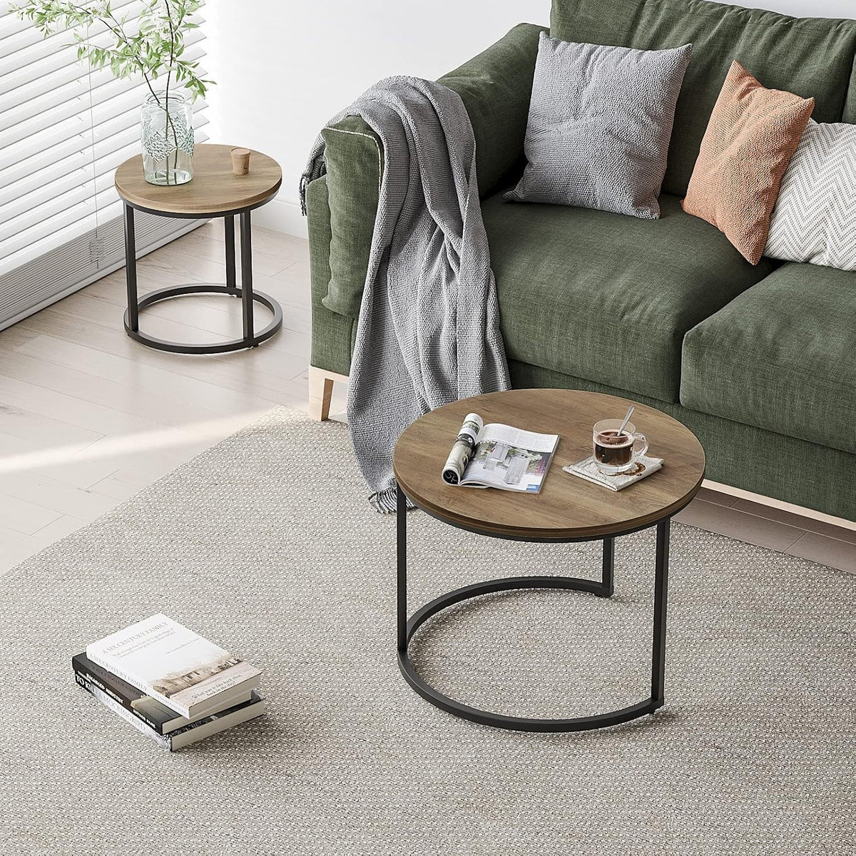 Space-Saving Round Nesting Coffee Table Set – 2 Wooden Industrial End Tables.