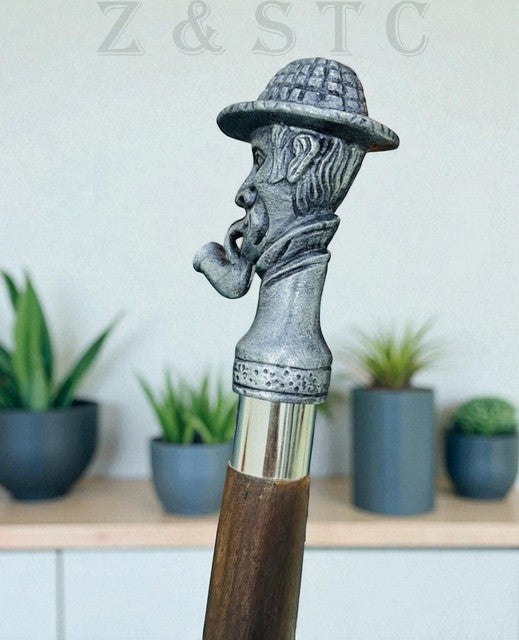Vintage Sherlock Head Handle Wooden Walking Cane – Chrome & Brass Engraved