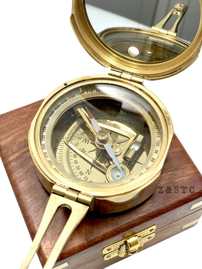 Vintage Brass Round Brunton compass 3" with Wooden box directional gift